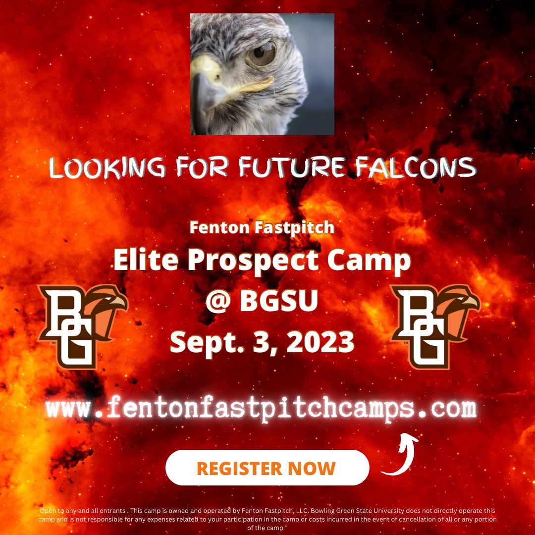 🔥🔥Elite Prospect Camp🔥🔥 
🦅🦅Save the date🦅🦅

🗓️ September 3rd 
📍BGSU Meserve Field 

Train with the FALCONS at BGSU🧡 Looking for our future falcons!! 👀

Registration coming soon👇🏼👇🏼
fentonfastpitchcamps.com

<a href="/BGSU_Athletics/">BGSU Athletics</a> 
<a href="/bgsu/">Bowling Green State University</a> 
@CoachFentonBG