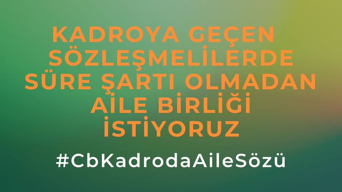 Kadroya geçen memurlar olarak Cumhurbaşkanımızın kadroya geçerken verdiği sözü sizlere bir kez daha hatırlatıyoruz.
<a href="/RTErdogan/">Recep Tayyip Erdoğan</a>
<a href="/Yusuf__Tekin/">Yusuf Tekin</a>
<a href="/ibrahimyumakli/">İbrahim Yumaklı</a>
<a href="/DIBAliErbas/">Prof. Dr. Ali Erbaş</a>
<a href="/drfahrettinkoca/">Dr. Fahrettin Koca</a>
<a href="/Mahi_Nur/">Mahi_Nur</a>
<a href="/mfatihkacir/">Mehmet Fatih KACIR</a>
<a href="/kemalsamlioglu/">Kemal ŞAMLIOĞLU</a>
<a href="/cftcblnt/">Bülent ÇİFTCİ</a>
#CbKadrodaAileSözü