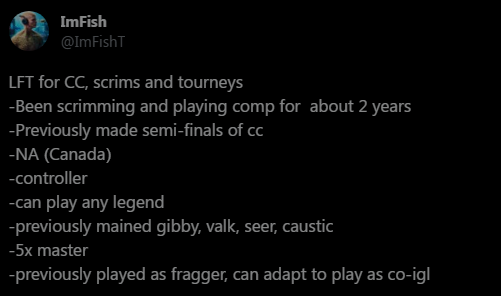 HOMRA___'s tweet photo. @SIXF1GURES is LF1 for the apex legends Roster, our experience:

Looking for a roller player
Looking for an IGL with competitive apex experience
Must have comp experience.

We are not in the rush, we will do as many tryouts as it takes to find the golden one Dm me or @ImFishT https://t.co/dRBxDnWg3A