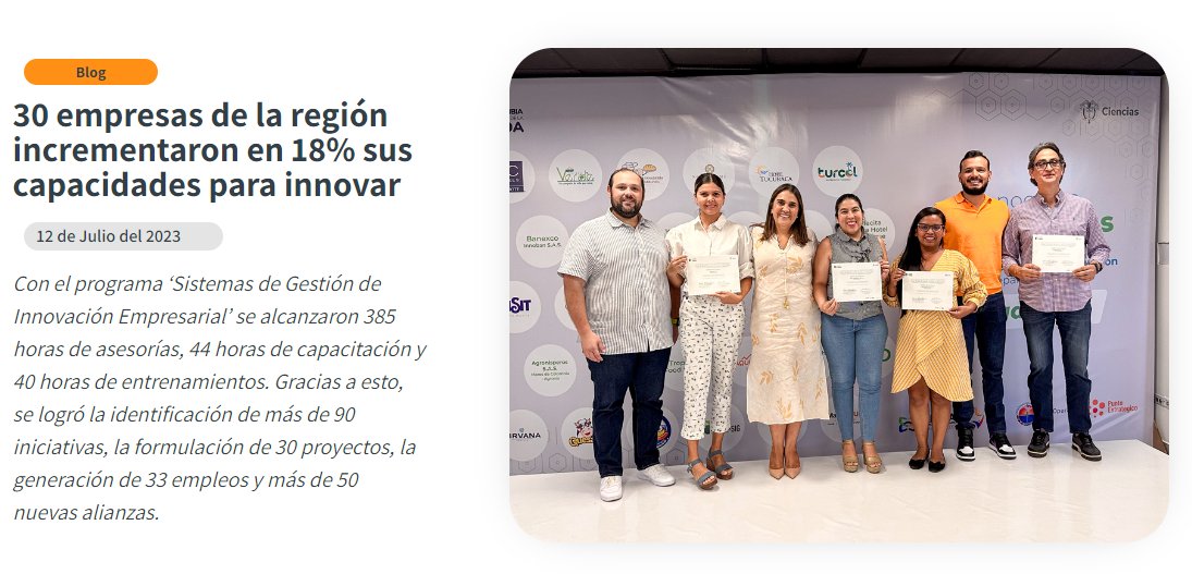 puntestrategico's tweet photo. ¡Logros impresionantes en innovación empresarial en el Magdalena! 30 empresas aumentaron su capacidad de innovar en un 18% gracias al programa 'Sistemas de Gestión de Innovación Empresarial'. 
Sigue el link 👇https://t.co/e805XmzvCf https://t.co/8qMjauNeCP