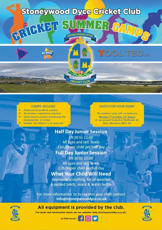 StoneywoodDyce's tweet photo. 🏏 SUMMER CAMPS

Our cricket summer camp is taking place from the 7th-11th of August!

Anyone aged 5-15 is welcome, of all abilities, with the camp to be delivered by our fully qualified coaches 🤩

Children can be registered by using the following form: https://t.co/6b4LyYd31q https://t.co/a0fhgekN5T