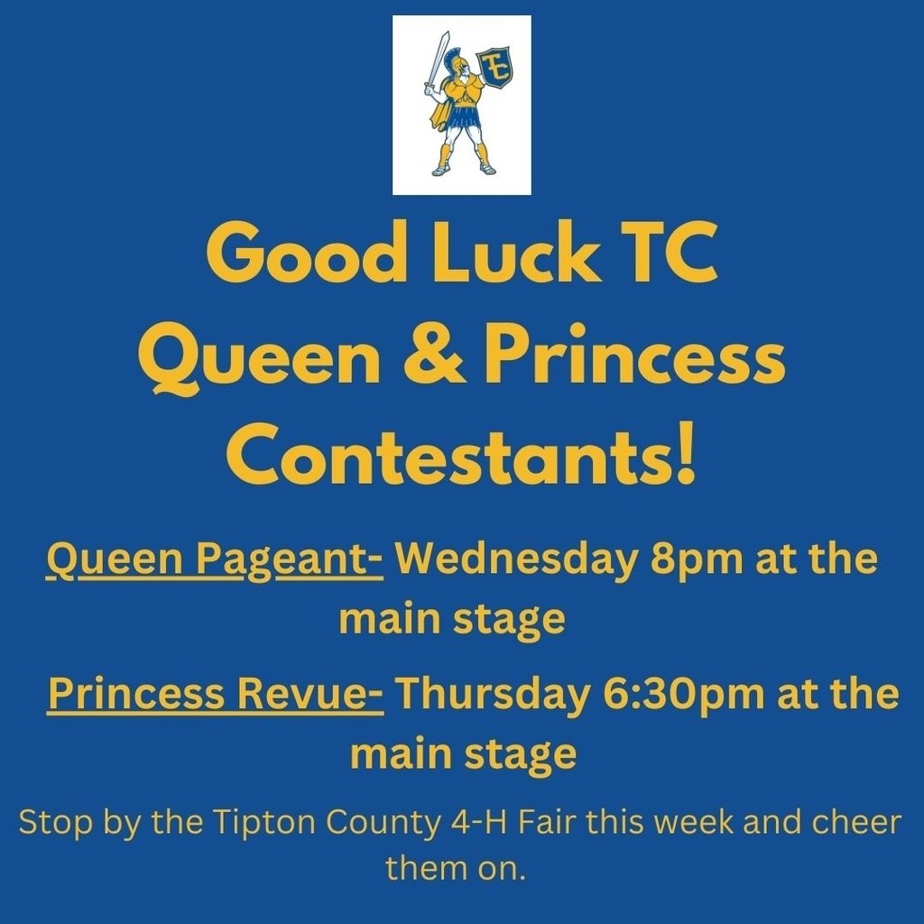 TCCSTrojans's tweet photo. Good Luck to our Queen and Princess contestants! Stop by the Tipton County 4-H Fair and cheer them on!

Queen Contest- Wednesday July 12th at 8 pm at the Main Stage
Princess Contest- Thursday July 13th 6:30 pm at the Main Stage https://t.co/2q58hZTdPH