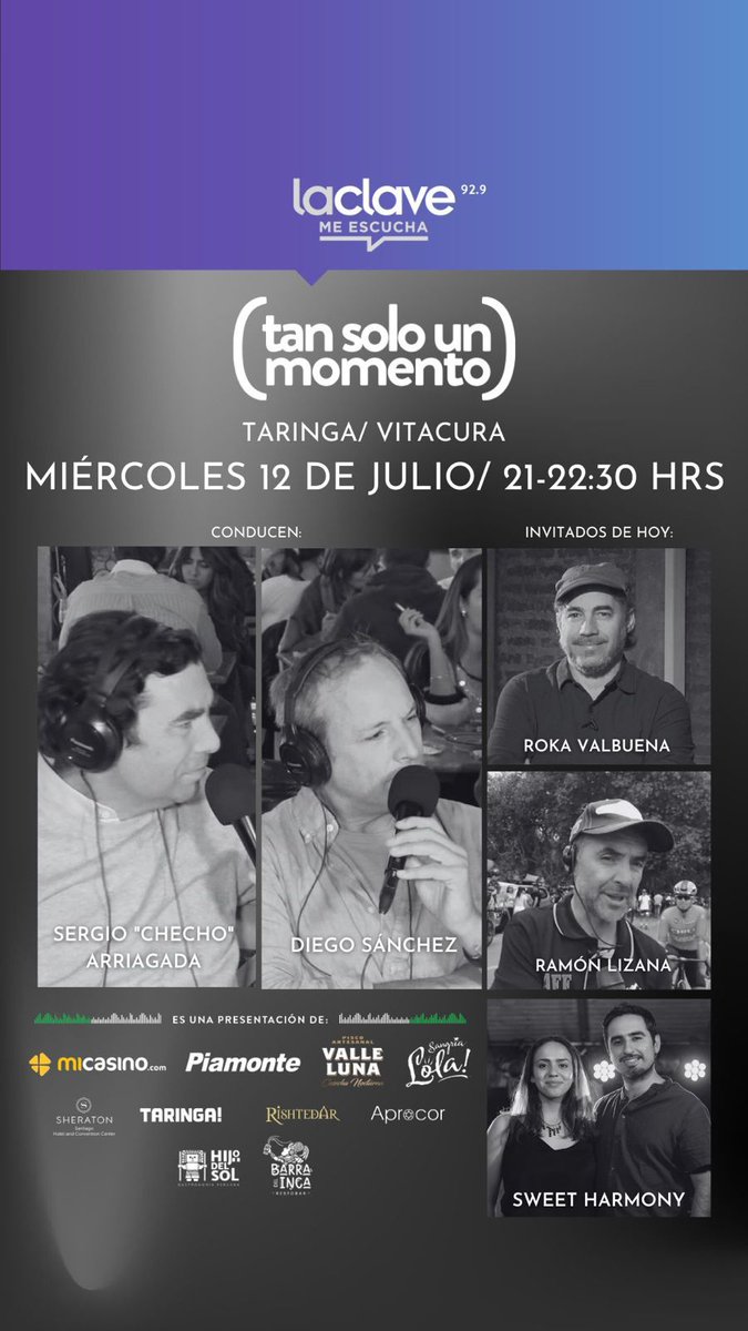 Esta noche desde el Taringa de Vitacura "Tan solo un Momento" junto a <a href="/DiegoSanchezJ/">Diego Sanchez J.</a> y <a href="/chechoapes/">Sergio Arriagada</a> . A las 21 horas por el 92.9 Santiago, Youtube y todas nuestras plataformas.