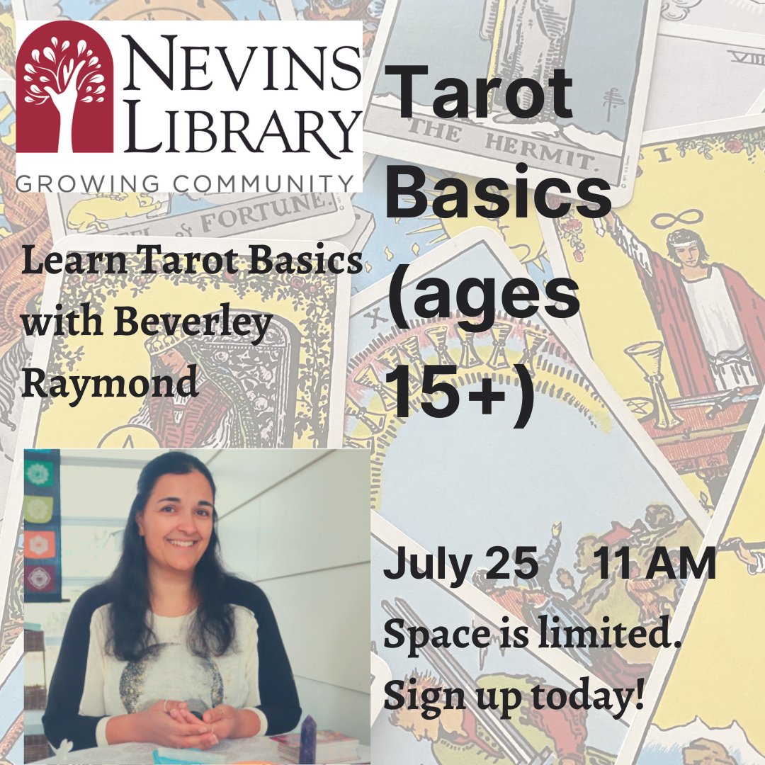 Have you ever been curious to learn more about Tarot Cards? Interested in learning new ways to connect with yourself? No prior experience necessary; Tarot is for everyone! Sign up here: nevinslibrary.assabetinteractive.com/calendar/tarot… or by calling 978-686-4080 ext. 26.
