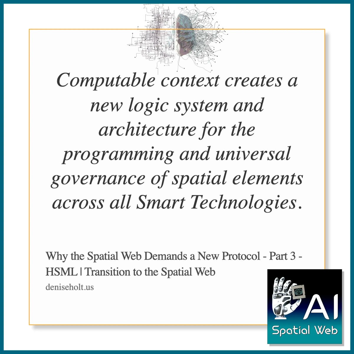 deniseholt_'s tweet photo. Computable context in #HSML creates a bridge & universal governance of spatial elements across all Smart Technologies.
Learn more here ➡️ https://t.co/ZYB9jLDeUd
#AI #ArtificialIntelligence #SpatialWeb #ActiveInference #Web3.0 #IoT #SpatialComputing
$VERS $VRSSF https://t.co/a8XCFbMblb