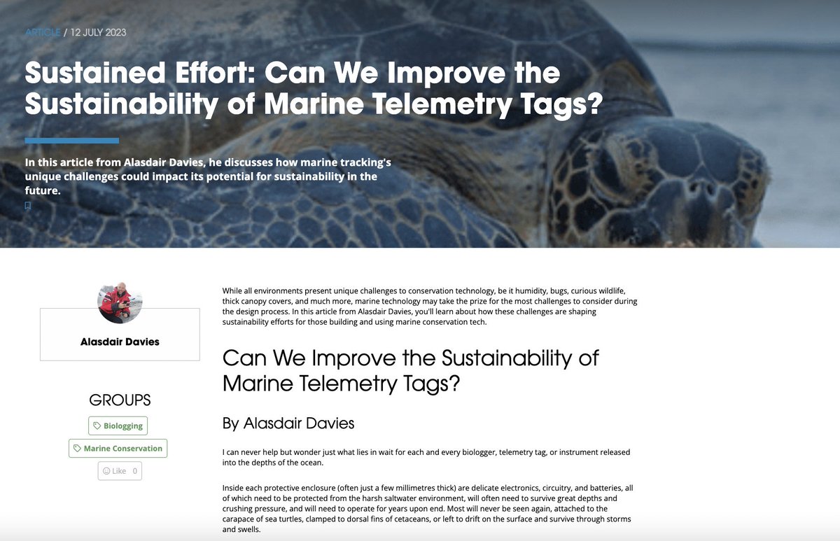 New today on WILDLABS is <a href="/Al2kA/">Alasdair Davies</a>'s article from our Sustained Effort series. Join Alasdair Davies as he discusses the unique challenges of building sustainable #tech4wildlife telemetry tools for marine species: 

wildlabs.net/article/sustai…