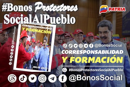 📢 #ENTÉRATE: Hoy #12Jul de 2023, continúa la entrega del Bono #CorresponsabilidadYFormación (julio 2023) a través del Sistema <a href="/CarnetDLaPatria/">Carnet de la patria</a> enviado por nuestro Pdte. <a href="/NicolasMaduro/">Nicolás Maduro</a>.

📌 Monto en Bs. 2.800,00

✅ Para nóminas especiales 

<a href="/BonosSocial/">Bonos Protectores Social Al Pueblo</a> 
#LaPoesíaNosUne