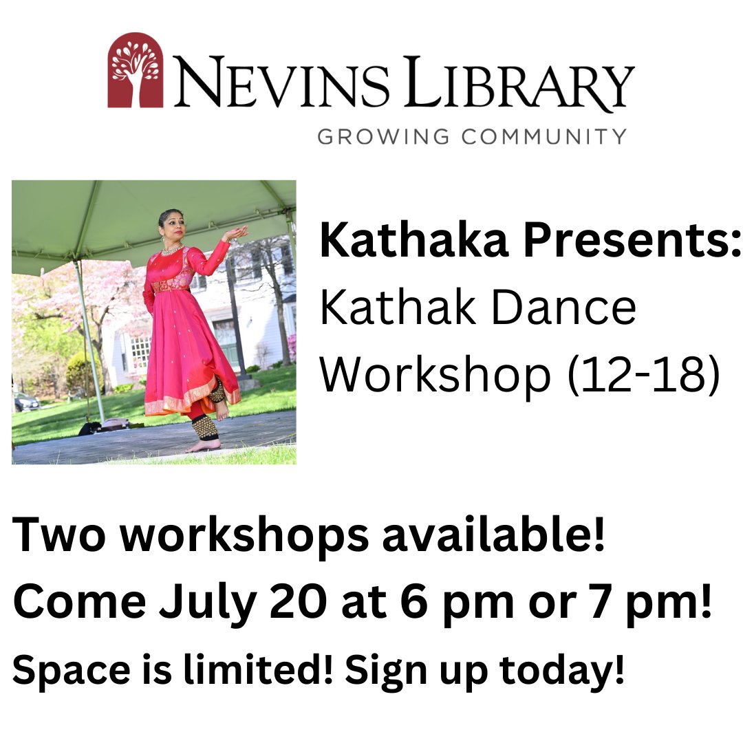Learn how to dance in one of two Kathak Dance Workshops! In both workshops, you'll learn earn basic footwork, poly-rhythms and music of Kathak Indian dance. Both workshops are on July 20, at 6 PM and 7 PM. Sign up on the events calendar or by calling 978-686-4080 ext. 26.
