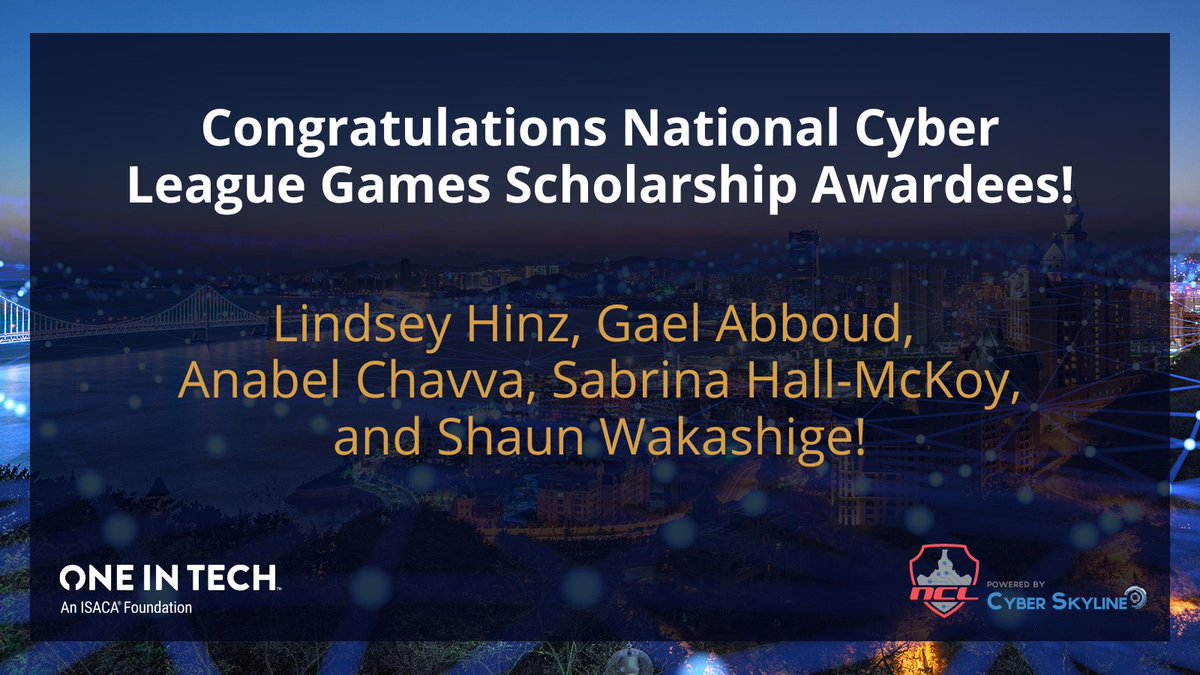 One In Tech, an ISACA Foundation (@weareoneintech) on Twitter photo We are extremely proud to announce the winners of the National Cyber League Games Scholarship: Lindsey Hinz, Gael Abboud, Anabel Chavva, Sabrina Hall-McKoy, and Shaun Wakashige!
A big thank you to our partners, <a href="/Cyber_Skyline/">Cyber Skyline</a> and <a href="/NatlCyberLeague/">National Cyber League (NCL)</a>. <a href="/ISACANews/">ISACA Global</a> #OITScholarships We are extremely proud to announce the winners of the National Cyber League Games Scholarship: Lindsey Hinz, Gael Abboud, Anabel Chavva, Sabrina Hall-McKoy, and Shaun Wakashige!
A big thank you to our partners, <a href="/Cyber_Skyline/">Cyber Skyline</a> and <a href="/NatlCyberLeague/">National Cyber League (NCL)</a>. <a href="/ISACANews/">ISACA Global</a> #OITScholarships