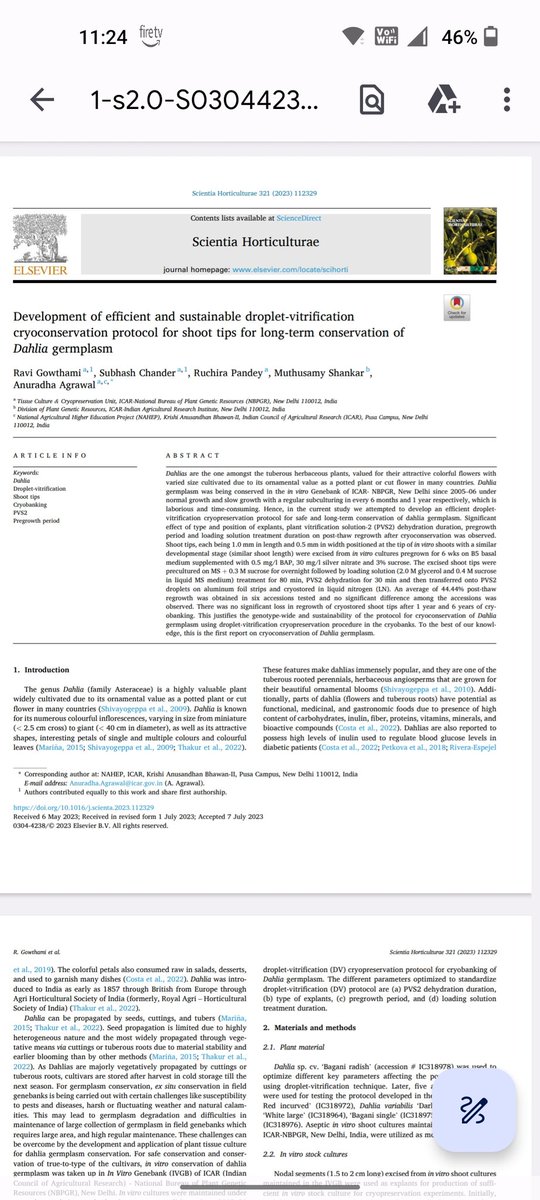 Pleased to share latest research paper from work done at #nbpgr  on cryopreservation of Dahlia...congrats to all co-authors <a href="/GowthamiR7/">Gowthami. R</a> , Shankar M. and Subash Chander. Special thanks to Ruchira Pandey.
Read full paper on
authors.elsevier.com/a/1hPHJ15DynrD…
<a href="/INbpgr/">ICAR-NBPGR</a>  <a href="/icarindia/">Indian Council of Agricultural Research.</a>
