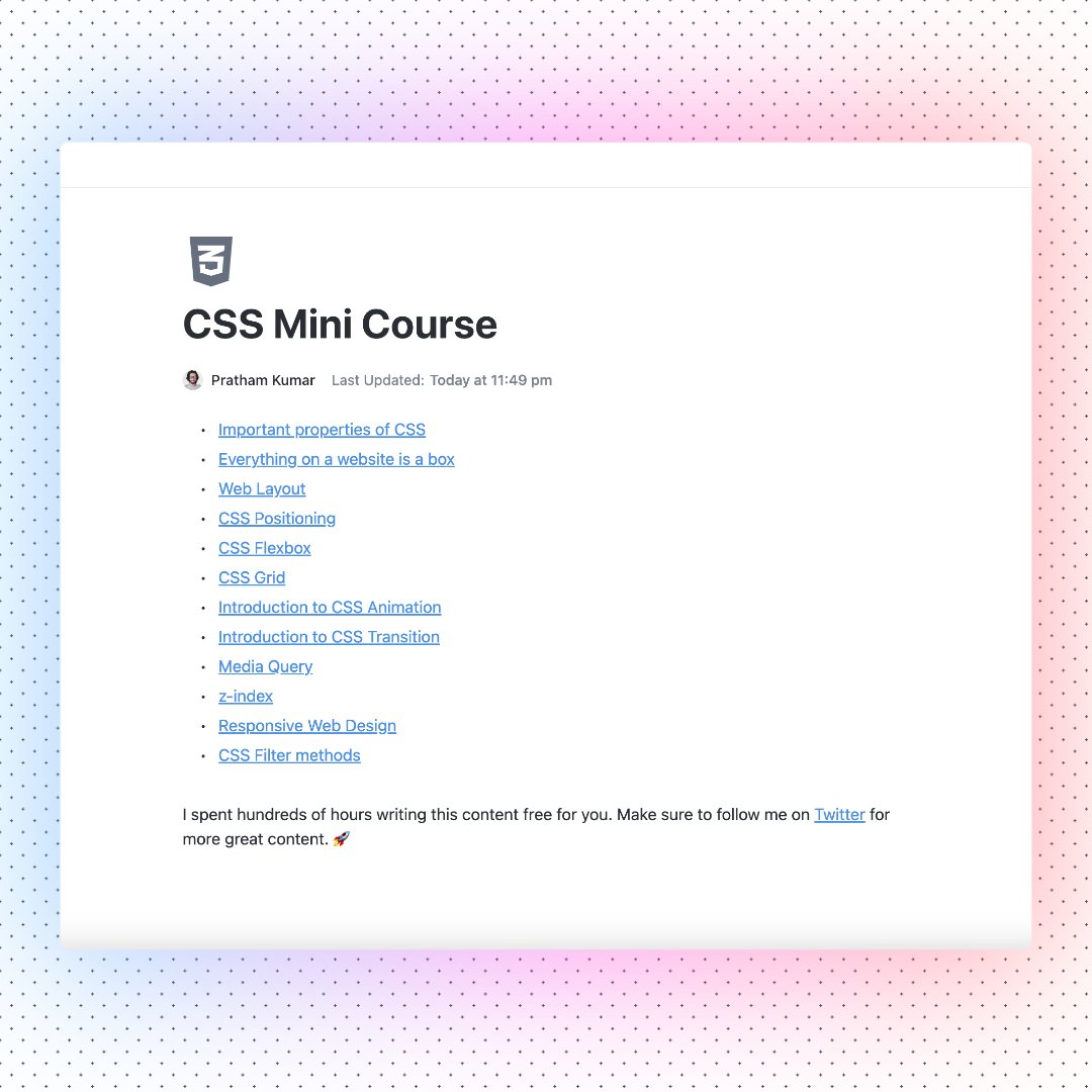 Prathkum's tweet image. Here's the free CSS course covering the majority of the CSS concepts.
🔗 doc.clickup.com/37465296/d/13q…