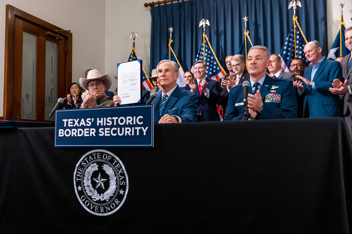 GovAbbottPress's tweet photo. Last month, I signed a sweeping package of border security laws to strengthen #OperationLoneStar and protect Texans — and Americans.

Texas continues to fill the dangerous gaps created by the Biden Administration's refusal to secure the border. https://t.co/9dFPNaRVZi