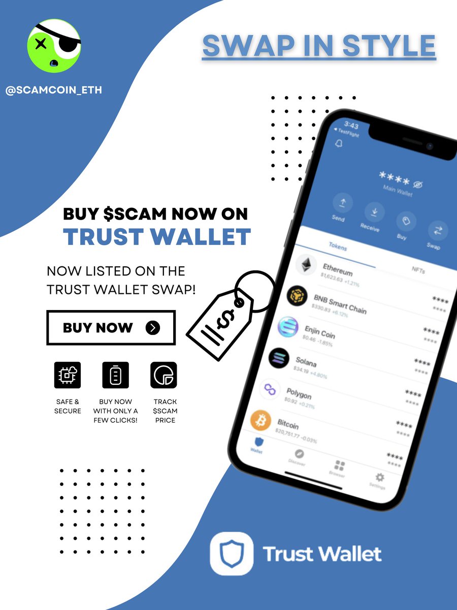 #SCAM is now listed on Trust Wallet Swap, the safest #DeFi wallet in the world! Swap in style in seconds with just a few clicks and get ready to buy $SCAM today. Join the revolution and take control of your investments. Don't miss out! #crypto #investing #TrustWallet