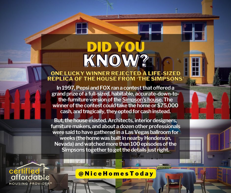 NiceHomesToday's tweet image. 𝙊𝙣𝙚 𝙇𝙪𝙘𝙠𝙮 𝙒𝙞𝙣𝙣𝙚𝙧 𝙍𝙚𝙟𝙚𝙘𝙩𝙚𝙙 𝙖 𝙇𝙞𝙛𝙚-𝙨𝙞𝙯𝙚𝙙 𝙍𝙚𝙥𝙡𝙞𝙘𝙖 𝙤𝙛 𝙩𝙝𝙚 𝙃𝙤𝙪𝙨𝙚 𝙁𝙧𝙤𝙢 ‘𝙏𝙝𝙚 𝙎𝙞𝙢𝙥𝙨𝙤𝙣𝙨’

#PTHO #pathtohomeownership #NiceHomesToday  #certifiedaffordablehousingprogram #realestatetrivia #WednesdayTrivia #FactOfTheWeek #FoTW