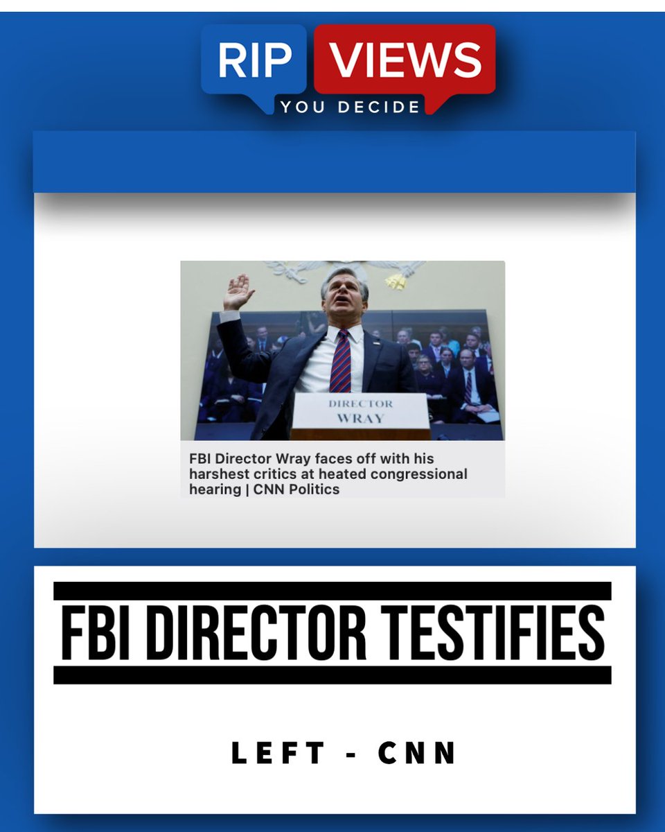 ripviews's tweet photo. Today, FBI Director Christopher Wray testified before the House Judiciary Committee. Things got heated during the hearing.

All news is biased, view both sides with RipViews.

Left Media Bias (@CNN):
FBI Director Wray passionately refuted baseless claims of bias against conservatives, proudly highlighting the agency's remarkable achievements, while steadfastly defending the agency against relentless Republican attacks.

Right Media Bias (@RedState):
During FBI Director Christopher Wray's testimony, Republican committee members raised concerns about FBI mismanagement, overreach, and funding, questioned Wray about Hunter Biden's shakedown and the FBI's illegal FISA queries, and accused him of not providing straight answers and whitewashing corrupt conduct, leading to a lack of trust in the FBI.

#politics #FBI #ChristopherWray