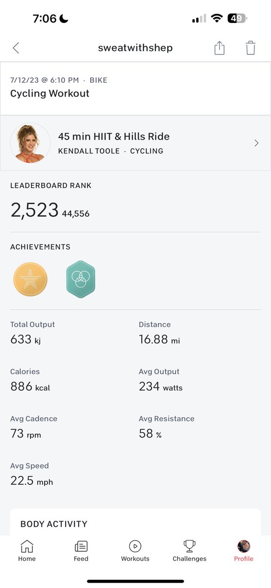 I don’t usually post but I FINALLY chased my PR down … I’ve been working on getting past this 45 min PR for so long - went from 619 to 633 <a href="/fitxkendall/">Kendall Toole</a> <a href="/onepeloton/">Peloton</a> #NeverGiveUp