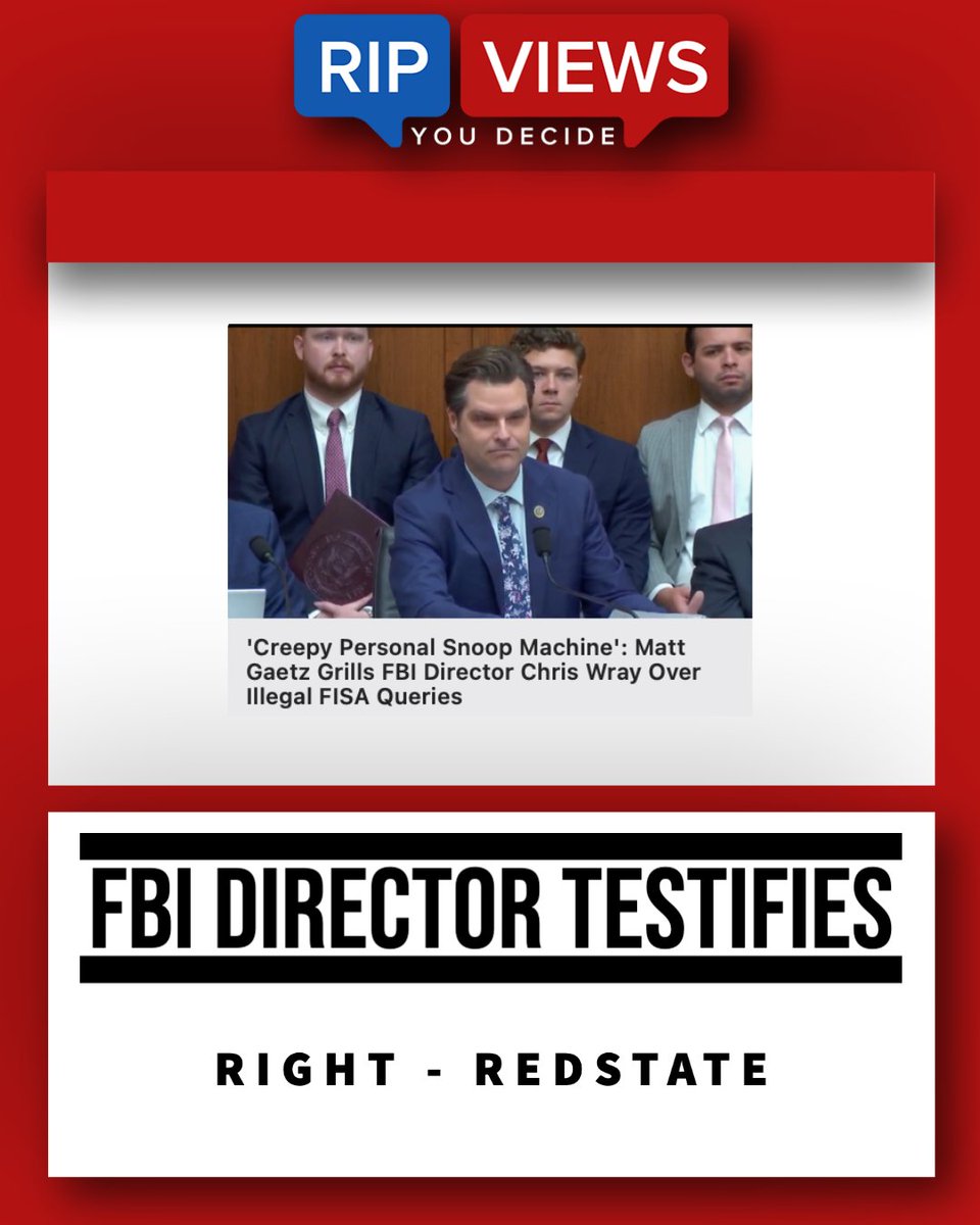 ripviews's tweet photo. Today, FBI Director Christopher Wray testified before the House Judiciary Committee. Things got heated during the hearing.

All news is biased, view both sides with RipViews.

Left Media Bias (@CNN):
FBI Director Wray passionately refuted baseless claims of bias against conservatives, proudly highlighting the agency's remarkable achievements, while steadfastly defending the agency against relentless Republican attacks.

Right Media Bias (@RedState):
During FBI Director Christopher Wray's testimony, Republican committee members raised concerns about FBI mismanagement, overreach, and funding, questioned Wray about Hunter Biden's shakedown and the FBI's illegal FISA queries, and accused him of not providing straight answers and whitewashing corrupt conduct, leading to a lack of trust in the FBI.

#politics #FBI #ChristopherWray