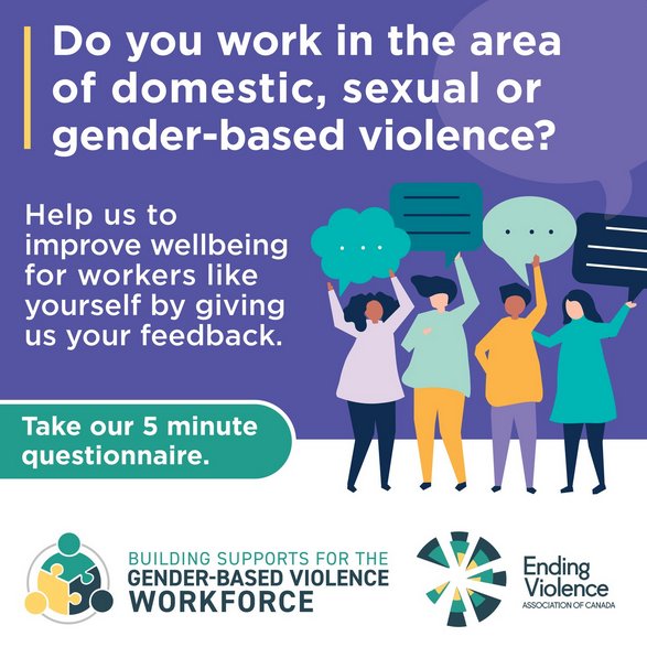 Do you work/volunteer in the gender-based violence sector? @EndViolenceCA wants to hear from you! 

Complete this 5 minute questionnaire: tinyurl.com/mdmnzjsa