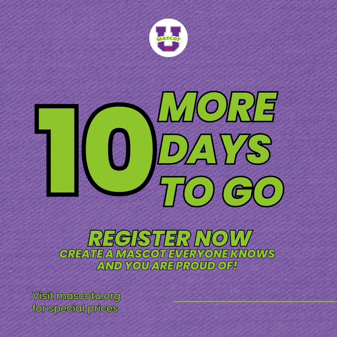 MascotUmtg's tweet photo. Only 10 days left until the Mascot U 2023 Conference! 🎉 Who's ready for a grand celebration of all things mascots? Comment below with what you're most excited for! 

#MascotU2023 #CountdownBegins https://t.co/CHP48Y66tC