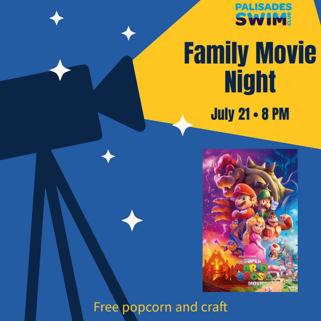 PalisadesSwim's tweet photo. The first movie night of the season will be on July 21st 🍿. Note the date change due to the forecasted weather ⛈️. https://t.co/LLaArfNnR1