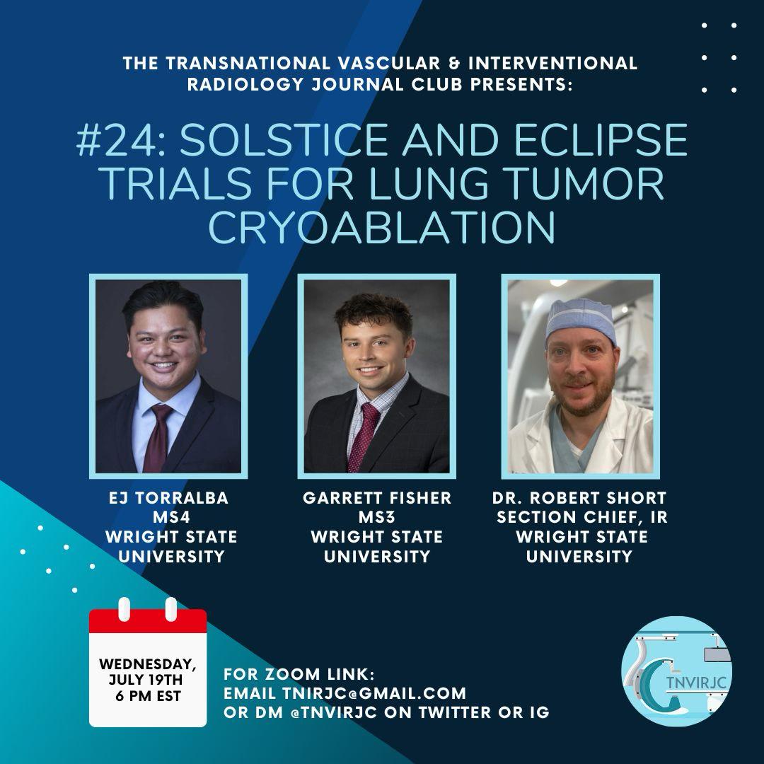 TNVIRJC (@tnvirjc) on Twitter photo 📣Next Journal Club is here!
🗓️ July 19, 2023
⏱️3 PST/6 EST
Topic: Lung Tumor Cryoablation
Trial: Solstice and Eclipse Trials
Presented by: <a href="/G_Fisher2211/">Garrett Fisher</a> and <a href="/docdocej/">EricsonJohn Torralba</a>
Facilitated by: Dr. Robert Short
DM to receive the zoom link! 📣Next Journal Club is here!
🗓️ July 19, 2023
⏱️3 PST/6 EST
Topic: Lung Tumor Cryoablation
Trial: Solstice and Eclipse Trials
Presented by: <a href="/G_Fisher2211/">Garrett Fisher</a> and <a href="/docdocej/">EricsonJohn Torralba</a>
Facilitated by: Dr. Robert Short
DM to receive the zoom link!