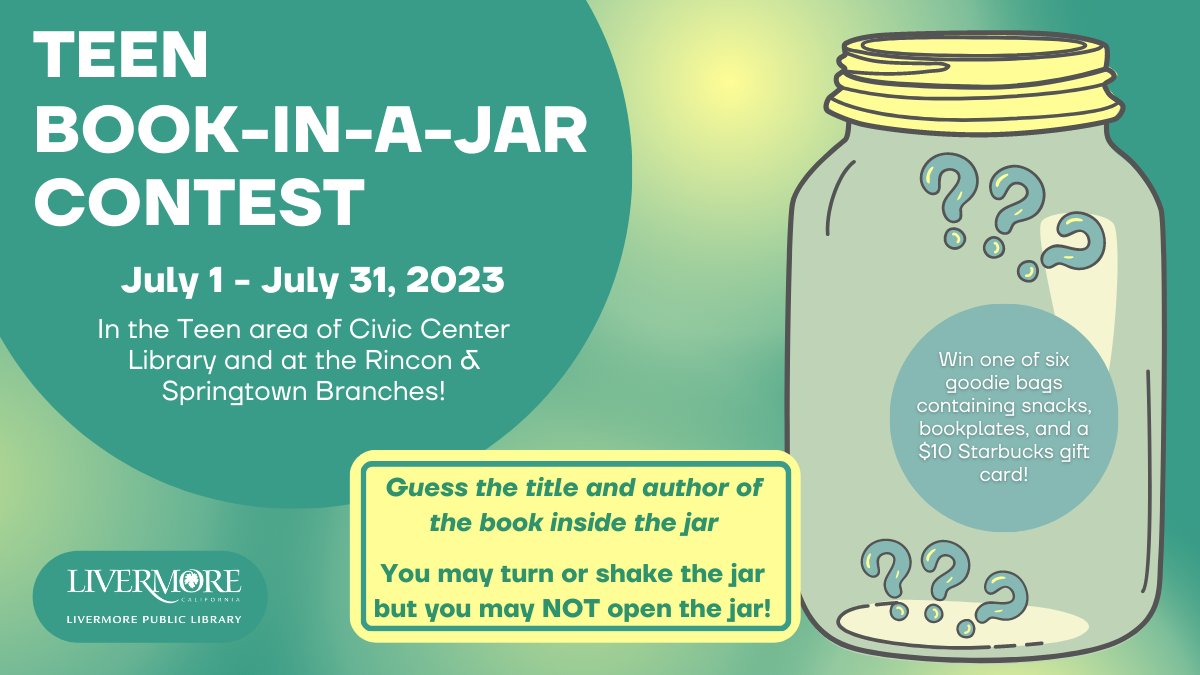 LivLibrary's tweet photo. #BookInAJar #TeenContest runs thru July 2023. #Teens may go to any #LivermorePublicLibrary (check open hours @ #CivicCenterLibrary, #RinconLibrary, or #SpringtownLibrary) to #GuessTheBook cut up &amp; stuffed inside of a jar for chance to win a goodie bag. 📗✂https://t.co/WaS5Jtav5d https://t.co/c8guAMORrk