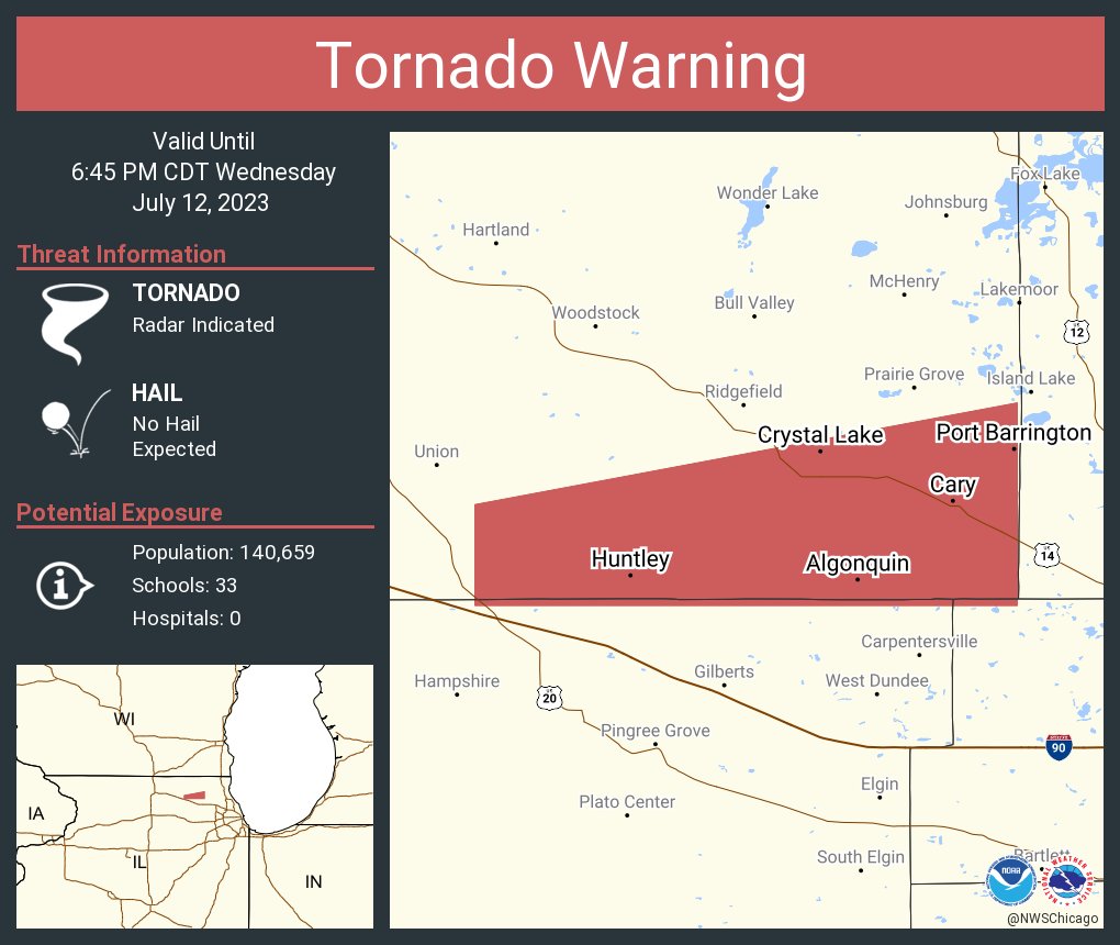 NWS Chicago on Twitter "Tornado Warning including Crystal Lake IL, Algonquin IL and Lake in the