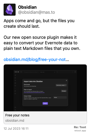 augustocc's tweet photo. Alô turma querendo um caminho pra escapar do #Evernote, o Obsidian tem um plugin novo pra converter teu conteúdo do Evernote pra uma coleção de arquivos texto (e MarkDown) que tu pode usar no Obsidian ou em outros.
Quoting @obsidian@mas.to: https://t.co/QJAWntI001 #retoot https://t.co/s69GXyEIDN