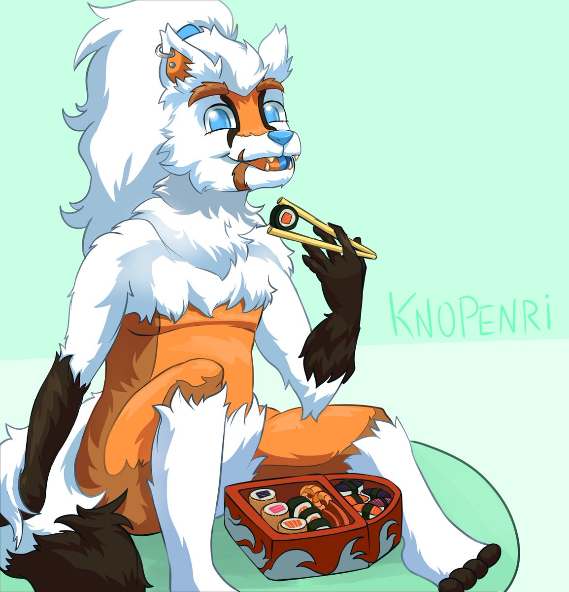 Artfight Atack for <a href="/Gnotknormal/">Gnot Ryune</a> ! Orange was a really fun character to draw! Was really cool to draw him having a delicious meal! Yum!

#furry #furryart 🍣