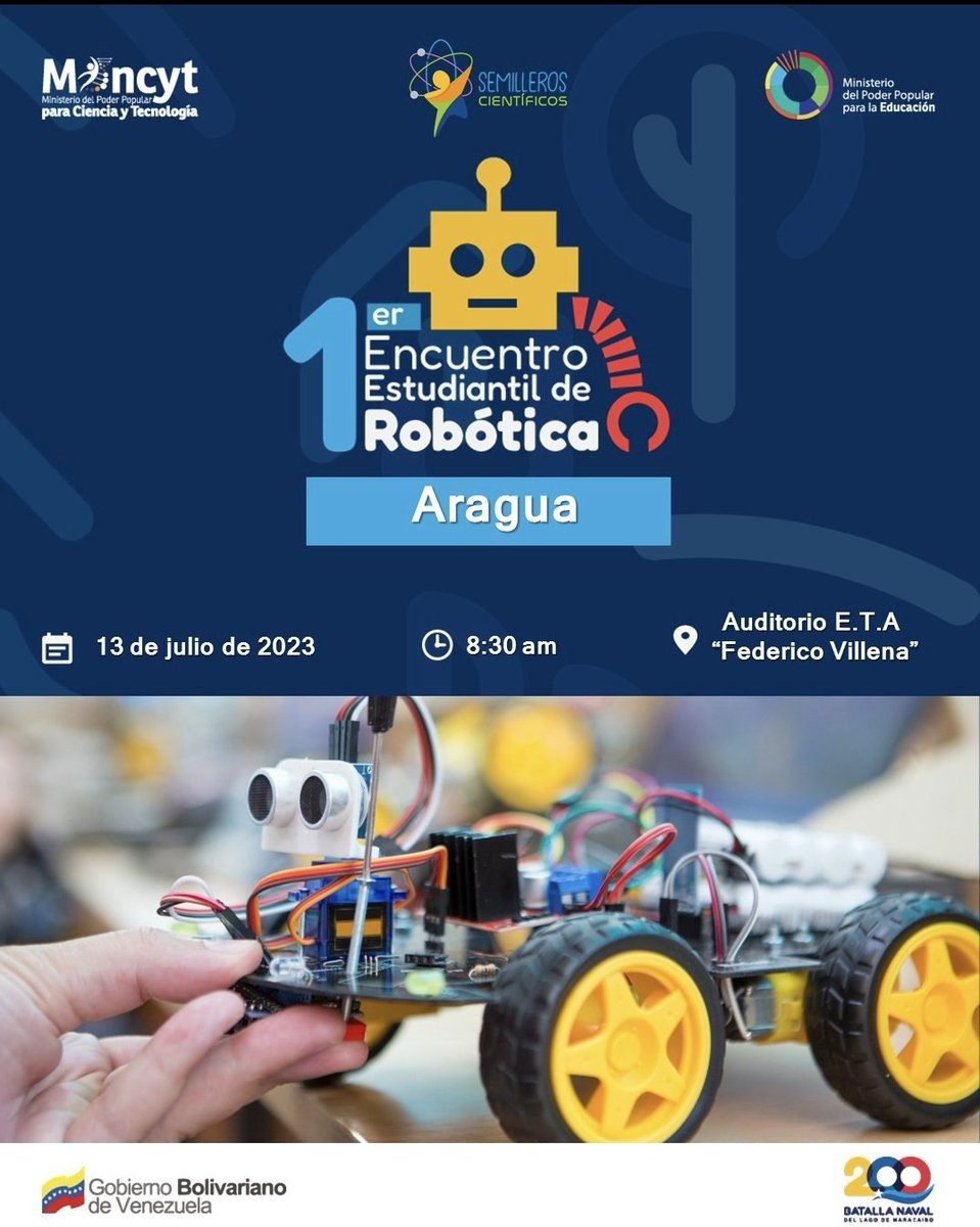 ElMichi5G's tweet photo. Este 13 de julio la E.T.A Federico Villena sera la sede para el 
1er Encuentro Estudiantil de Robótica Aragua. 
¡Te Esperamos! 8:00 am.

¡En Aragua La Educación No Se Detiene! 

#LaPoesiaNosUne 
@_LaAvanzadora 
@MPPEDUCACION 
@PiedadQuintana1 
@Soykarinacarpio 
@CDCEAragua https://t.co/YtIDL0IkXA