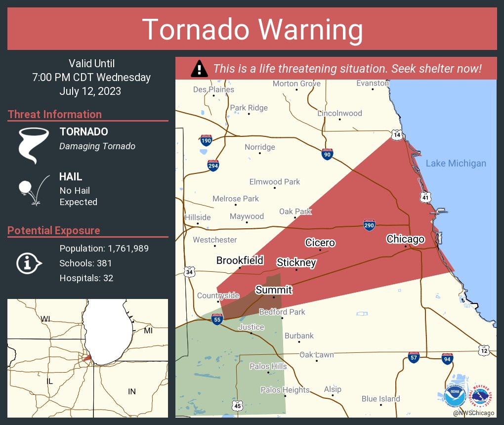 NWSChicago's tweet photo. Tornado Warning including Chicago IL, Cicero IL and  Berwyn IL until 7:00 PM CDT https://t.co/JlOAW0Tjrj
