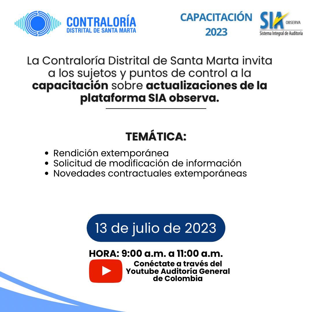contraloria_sm's tweet photo. 💡No te quedes sin participar de la capacitación sobre actualizaciones de LA PLATAFORMA SIA OBSERVA, para aquellos que son sujetos y puntos de control de la ciudad. 📚✏️
🔗 Conéctate y prográmate desde el YouTube de La Auditoría General de la República de Colombia. https://t.co/TIDohKJUHj