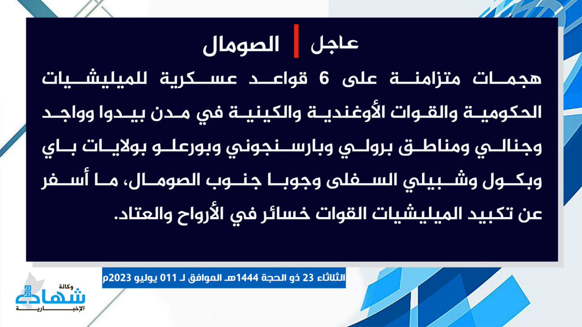 TracTerrorism's tweet photo. (Claim) al-#Shabaab Conducted 6 Attacks on #Somalian, #Kenyan and #Ugandan Military Bases in #Bidoa, #Wajid, #Janali, #Broli, #Barsanjoni and #Boralo, #Bay, #Bakool, Lower #Shabelle and #Juba Provinces, #Somalia - 11 July 2023 https://t.co/Bzb0BecVxX