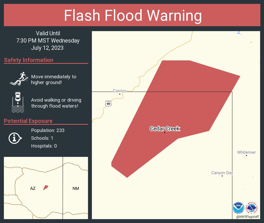 RT @NWSFlashFlood: Flash Flood Warning including Cedar Creek AZ until 7:30 PM MST https://t.co/ovzwJa0QsD