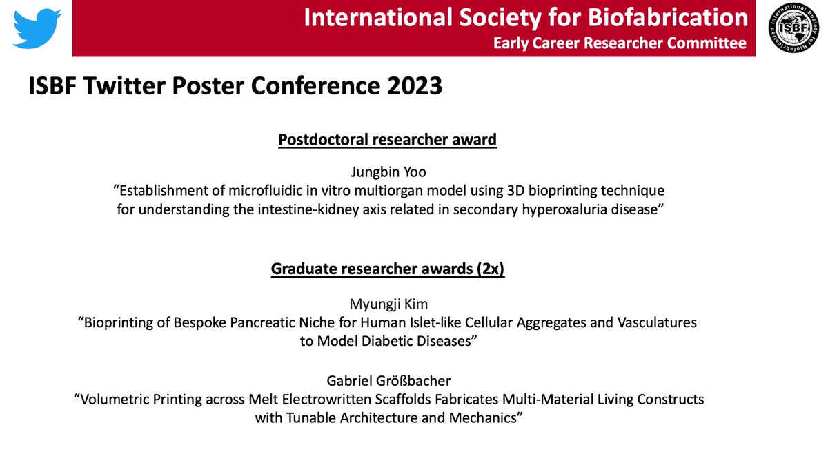 Intl Soc Biofab (@isbiofab) on Twitter photo Congratulations to 2023 <a href="/ISBioFab/">Intl Soc Biofab</a> twitter poster conference winners! Amazing 24 hours with great biofabrication science being shared. Thanks to everyone for participated! @DalyAndyy <a href="/pau_bernal1/">Paulina Nuñez Bernal</a> <a href="/LindbergLabs/">Gabriella Lindberg</a> <a href="/Khoonono/">Khoon Lim</a> <a href="/Tim_WoodfieldNZ/">Tim Woodfield</a> <a href="/shrikezhang/">Y. Shrike Zhang</a> <a href="/JinahJang4/">Jinah Jang</a> <a href="/juergengroll/">Jürgen Groll</a> Congratulations to 2023 <a href="/ISBioFab/">Intl Soc Biofab</a> twitter poster conference winners! Amazing 24 hours with great biofabrication science being shared. Thanks to everyone for participated! @DalyAndyy <a href="/pau_bernal1/">Paulina Nuñez Bernal</a> <a href="/LindbergLabs/">Gabriella Lindberg</a> <a href="/Khoonono/">Khoon Lim</a> <a href="/Tim_WoodfieldNZ/">Tim Woodfield</a> <a href="/shrikezhang/">Y. Shrike Zhang</a> <a href="/JinahJang4/">Jinah Jang</a> <a href="/juergengroll/">Jürgen Groll</a>