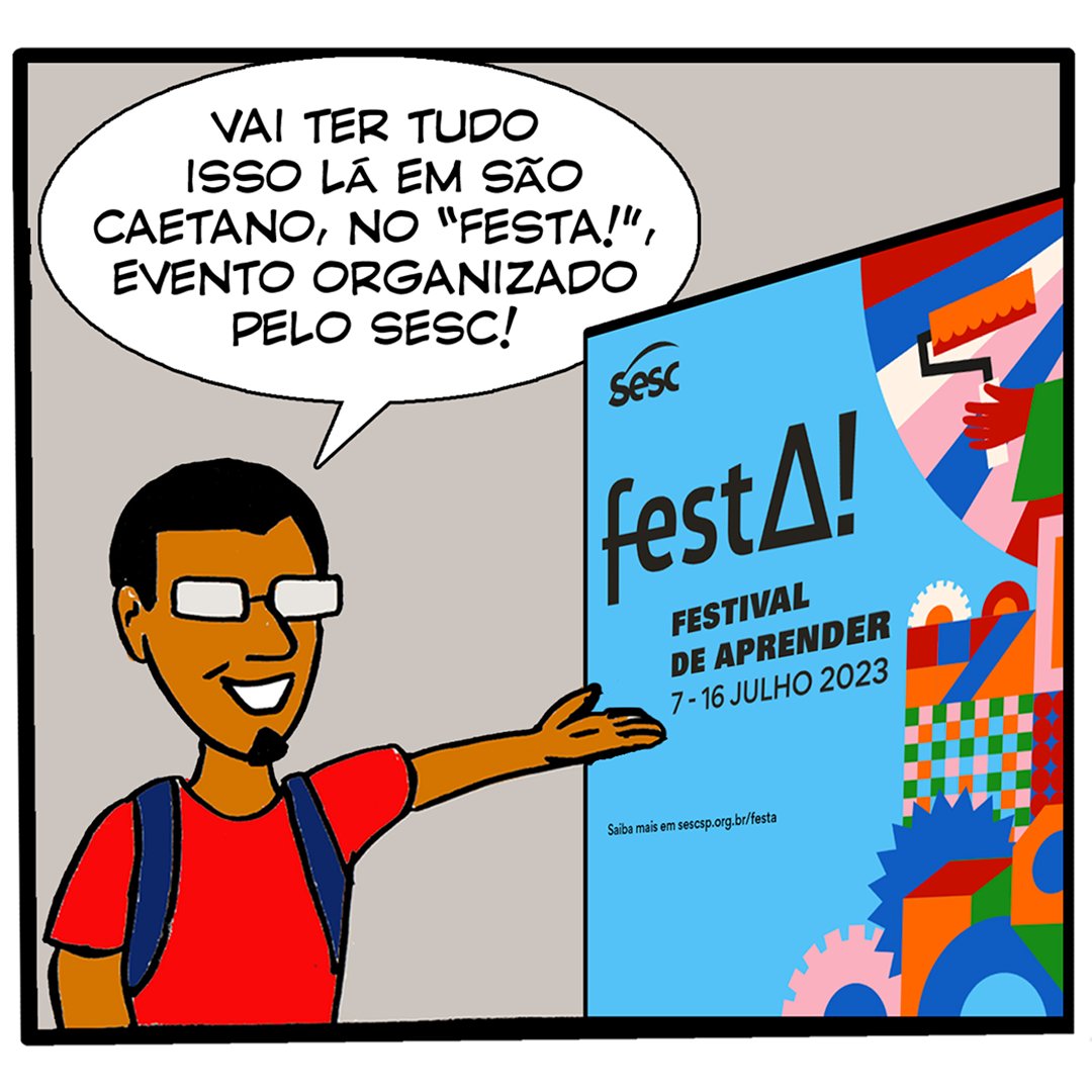 sescsaocaetano's tweet photo. O quadrinista Lexy Soares desenhou um convite especial pra gente! Neste domingo, 16/07 a partir das 9h, no Parque Província de Treviso, o projeto "Sesc no Parque" realiza uma edição especial do #FestA! - #FestivaldeAprender .  Saiba mais: https://t.co/zEXnjici4n https://t.co/z6ca88qZzp