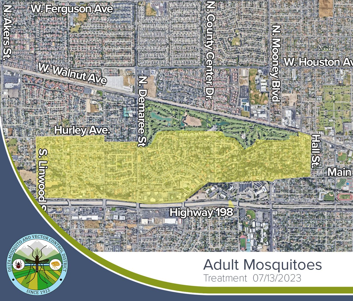 Due to high abundance of mosquitoes, &amp; WNV presence in mosquito samples, Delta Mosquito &amp; Vector Control District will continue treating adult mosquitoes by truck mounted ultra-low volume (ULV) application in East Visalia between the hours of 2am and 5am on Wednesday, July 13.