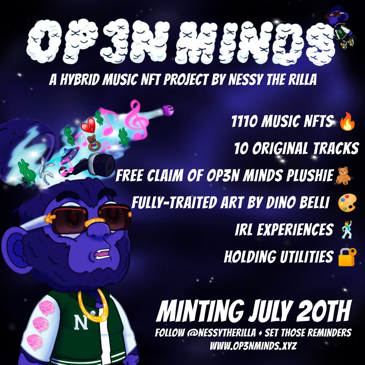 RillaNessyTh's tweet photo. 🧠 OP3N MINDS - COMING JULY 20 🧠

✨ 1110 EDITIONS w/ 100 RESERVED FOR RILLA GANG MUSIC PASS HOLDERS

🎶 10 ORIGINAL TRACKS 

🎨 3D FULLY-TRAITED ART CREATED BY @DINO_BELLI

RGMP: https://t.co/b8BZKmdeJl

DISCORD: https://t.co/seTq03YxHN https://t.co/QfZiy1Himi
