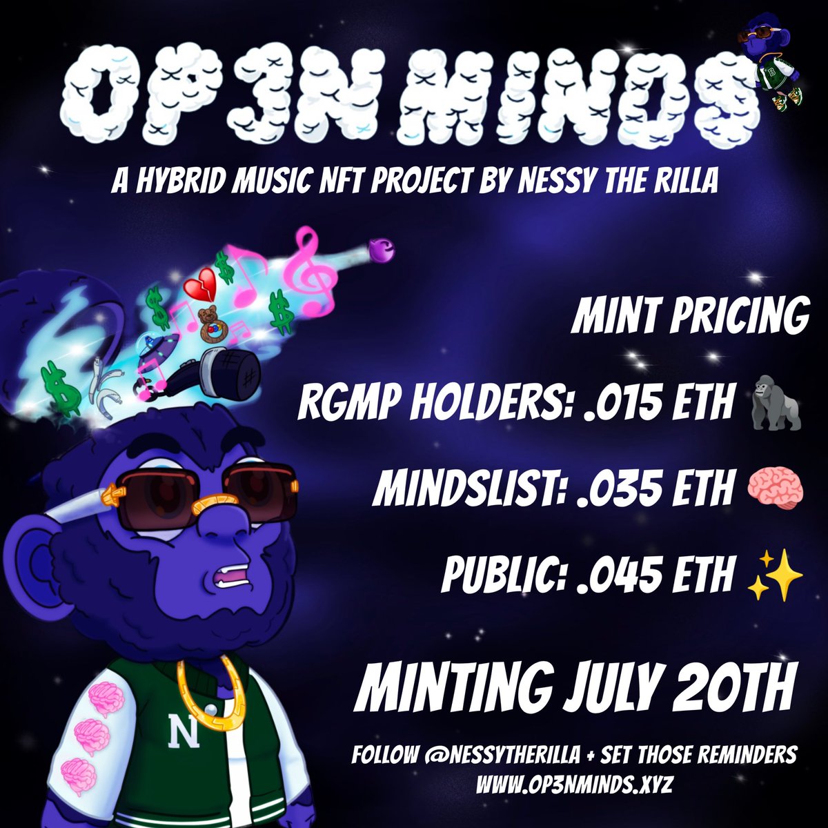 RillaNessyTh's tweet photo. 🧠 OP3N MINDS - COMING JULY 20 🧠

✨ 1110 EDITIONS w/ 100 RESERVED FOR RILLA GANG MUSIC PASS HOLDERS

🎶 10 ORIGINAL TRACKS 

🎨 3D FULLY-TRAITED ART CREATED BY @DINO_BELLI

RGMP: https://t.co/b8BZKmdeJl

DISCORD: https://t.co/seTq03YxHN https://t.co/QfZiy1Himi