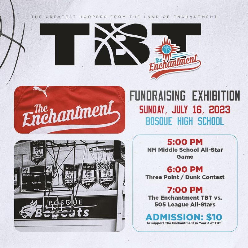 BRANDON MASON (@coach_bmase) on Twitter photo Come out and support <a href="/Enchantment_TBT/">The Enchantment TBT</a> exhibition game Sunday night at Bosque school. Also we will have a middle school allstar game, 3pts contest , Slam Dunk Contest. <a href="/RyanDBerryman/">Ryan Berryman</a> <a href="/kennythomasnba/">Kenny Thomas</a> <a href="/mike_murph10/">Michael Murphy</a> #NewMexicoStrong Come out and support <a href="/Enchantment_TBT/">The Enchantment TBT</a> exhibition game Sunday night at Bosque school. Also we will have a middle school allstar game, 3pts contest , Slam Dunk Contest. <a href="/RyanDBerryman/">Ryan Berryman</a> <a href="/kennythomasnba/">Kenny Thomas</a> <a href="/mike_murph10/">Michael Murphy</a> #NewMexicoStrong