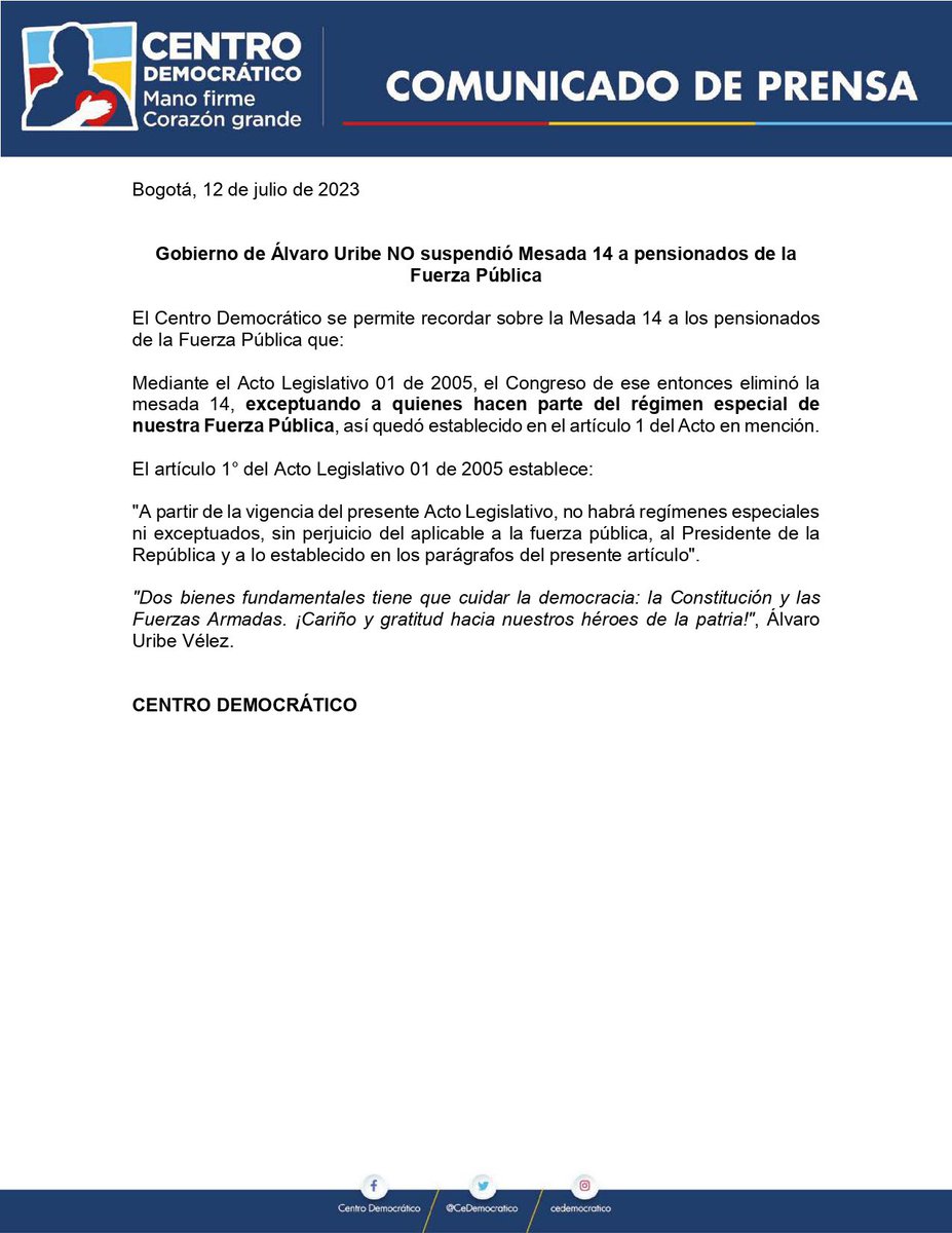 CeDemocratico's tweet photo. Gobierno de Álvaro Uribe NO suspendió Mesada 14 a pensionados de la Fuerza Pública https://t.co/LkpbQnwo0w