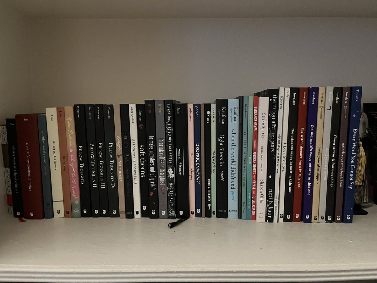 nintiharwrites's tweet photo. Highlighting my beautiful and extensive poetry collection! I love how poetry tells stories in such a beautiful and different way. Taking poetry writing at Trinity University was one of my favorite classes! I just love poetry, and all my books 🩵 https://t.co/rvJEZzGejI