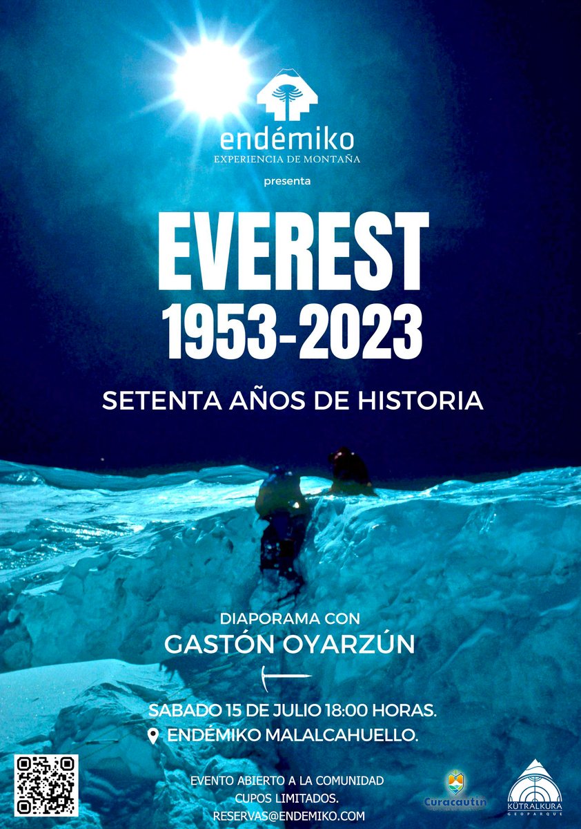EndemikoChile's tweet photo. Este  Sábado 15 de Julio a las 18:00 hrs imperdible evento gratuito. Retomamos  nuestros diaporamas y charlas con Gastón Oyarzún presentando Everest 1953- 2023 : 70 años de historia. Evento gratuito para nuestra  comunidad. Inscripción en reservas@endemiko.com - Cupos limitados ! https://t.co/PenQmLZVU4