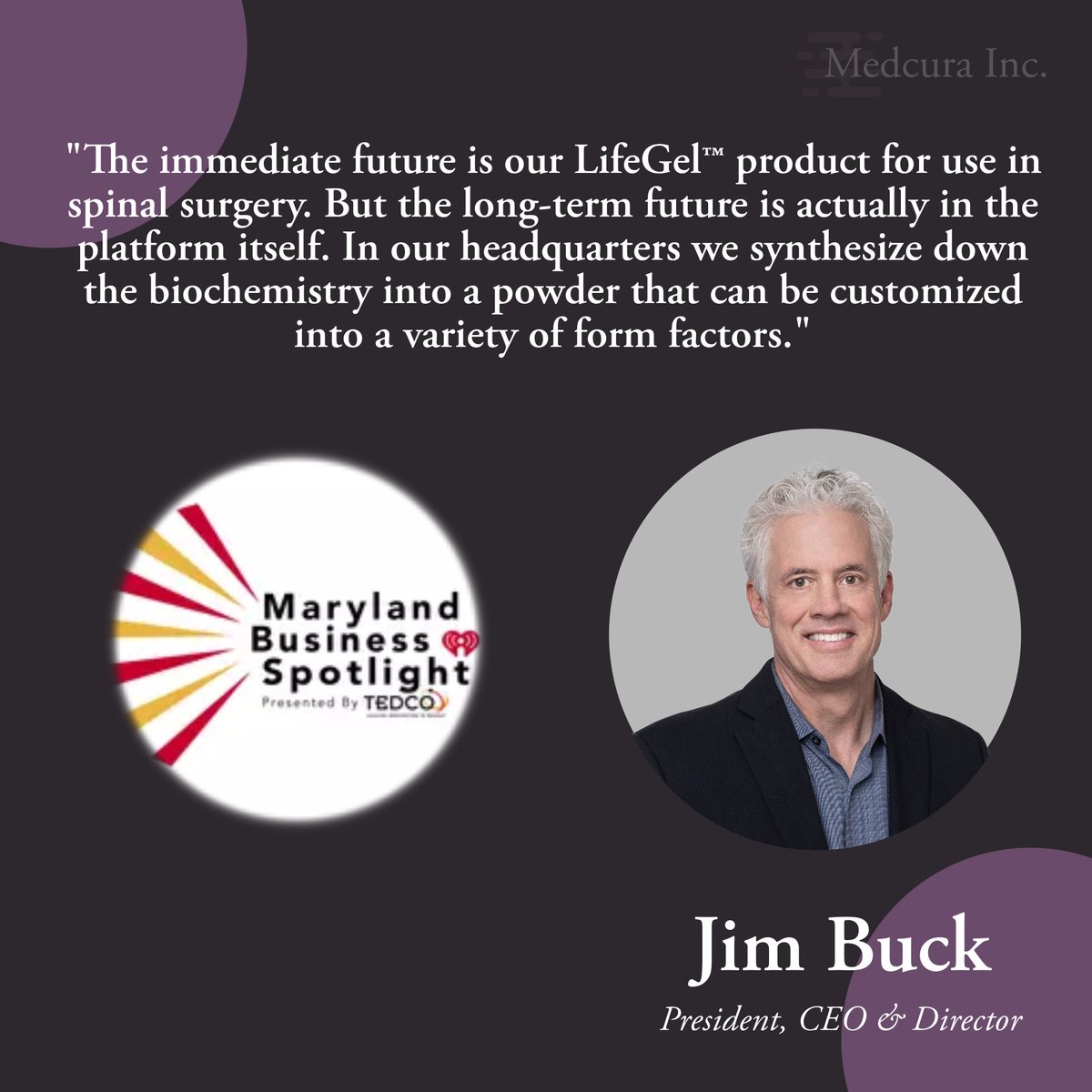 MedcuraInc's tweet photo. Today's spotlight moment is with Jim Buck, CEO of Medcura, Inc., in his recent episode with @iHeartMedia Baltimore's Maryland Business Spotlight. Jim shares valuable insights on Medcura's innovative product line and their vision for the future. #Medcura #biotechnews https://t.co/0C9hI9yz2J