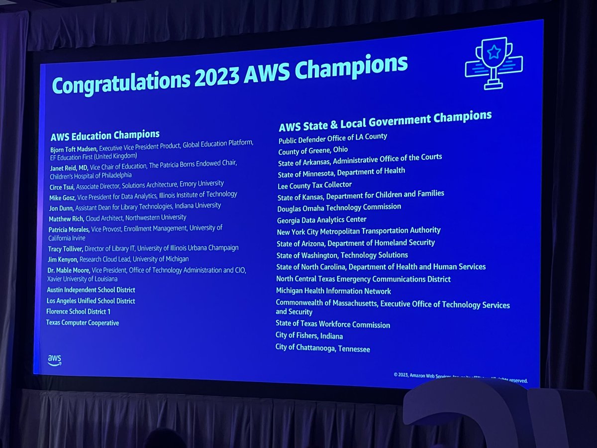 AWS_Gov's tweet photo. 🏆 Announcing the inaugural cohort of AWS Champions!

These organizations are modernizing government &amp; education through technological innovation.  #AWSImagine
🙌 Learn more! 🔗👉https://t.co/COwdOTruRh https://t.co/3nslYfTBQS
