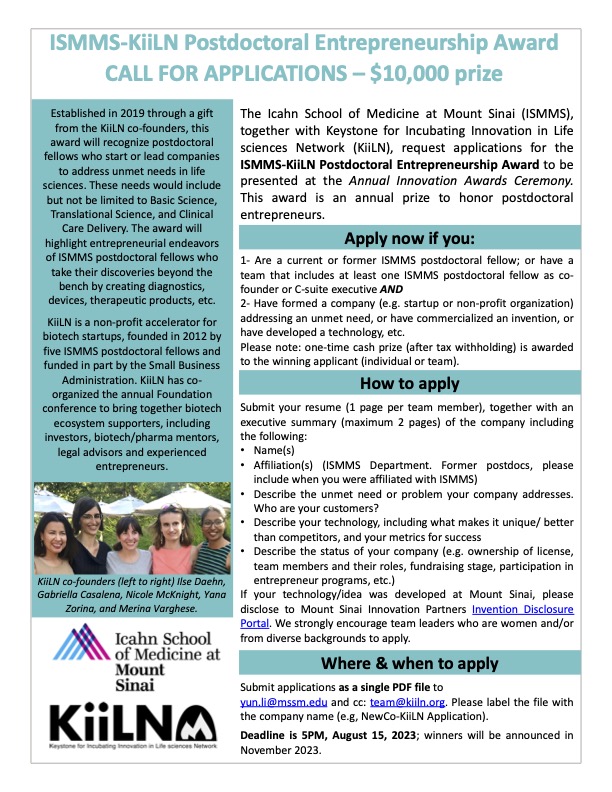 KiiLN (@kiilnyc) on Twitter photo One month to go before the deadline! Send us your applications, entrepreneurial <a href="/MtSinaiPostdocs/">MtSinaiPostdocs</a> and postdoc <a href="/MountSinaiAlum/">Mount Sinai Alumni</a> 👇 One month to go before the deadline! Send us your applications, entrepreneurial <a href="/MtSinaiPostdocs/">MtSinaiPostdocs</a> and postdoc <a href="/MountSinaiAlum/">Mount Sinai Alumni</a> 👇