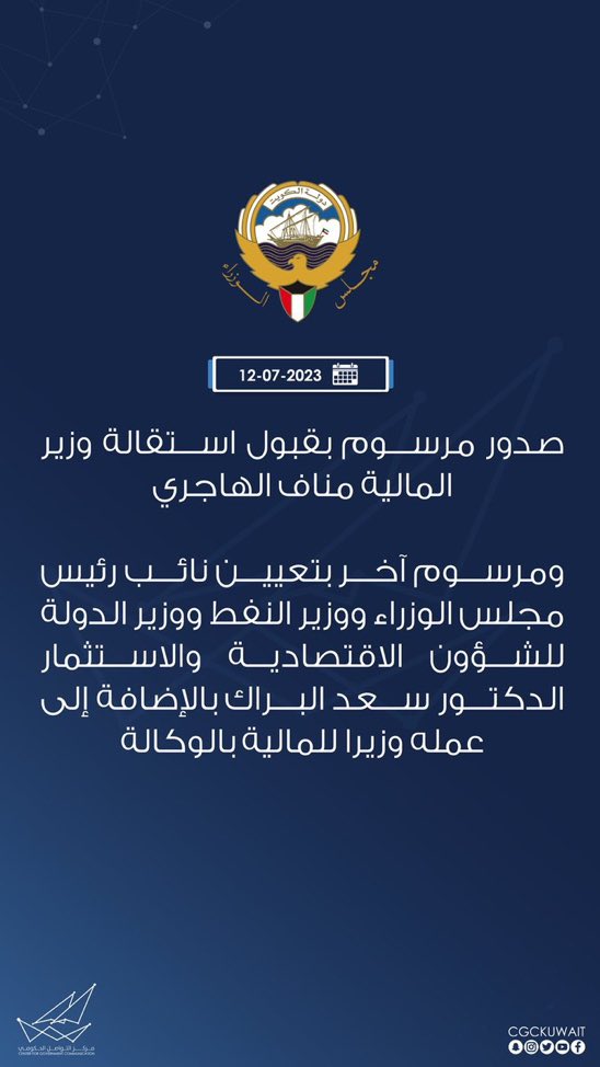 صدور مرسوم بقبول استقالة وزير المالية مناف الهاجري 

ومرسوم آخر بتعيين نائب رئيس مجلس الوزراء ووزير النفط ووزير الدولة للشؤون الاقتصادية والاستثمار الدكتور سعد البراك بالإضافة إلى عمله وزيرا للمالية بالوكالة