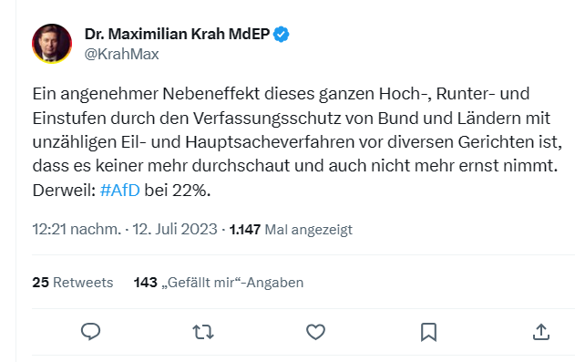 Erstmals spricht ein hoher #AfD-Funktionär offen aus, was wir längst ahnten:
Bei ihren vielen Klagen geht es der AfD weniger darum, ihr Recht zu erstreiten, sondern staatliche Institutionen in Verruf zu bringen und Verwirrung zu stiften.