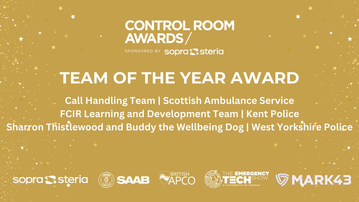 CR_Awards's tweet photo. Well done to the Call Handling team @Scotambservice, FCIR Learning and Development Team from @kent_police and Sharon Thistlewood and Buddy the Wellbeing Dog from @WestYorksPolice. #ControlRoomAwards https://t.co/oMvsHKEKfa
