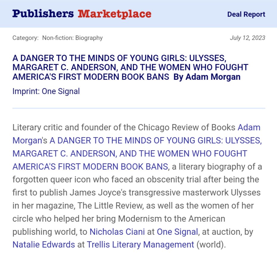 adamm0rgan's tweet image. Some exciting personal news I've dreamed of sharing for years:
I'm writing a book about Margaret C. Anderson's literary battles in Chicago, New York, and Paris! I'm so happy @nedlovesbooks found a perfect home for it with @nick_ciani at @OneSignalPub/@AtriaBooks. 🎉🎉🎉